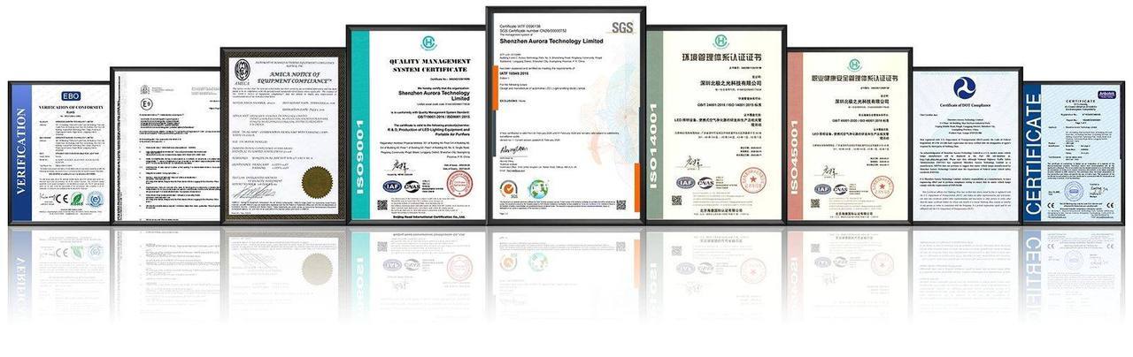 Aurora LED Official Certifications — IATF 16949, ISO 9001, CE, DOT, E-Mark