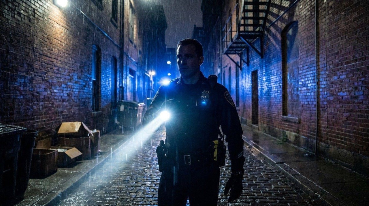 Law enforcement officer using a tactical flashlight at night