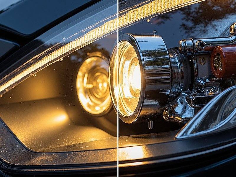 Side-by-side comparison of two LED headlight beam patterns: amber and white