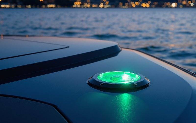 Yacht deck LED lighting system glowing green at twilight