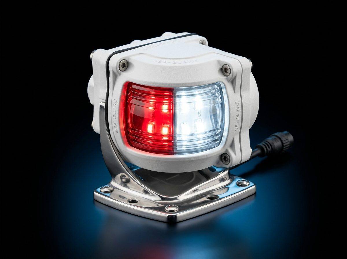 Red port and white starboard marine navigation light on stainless steel mount