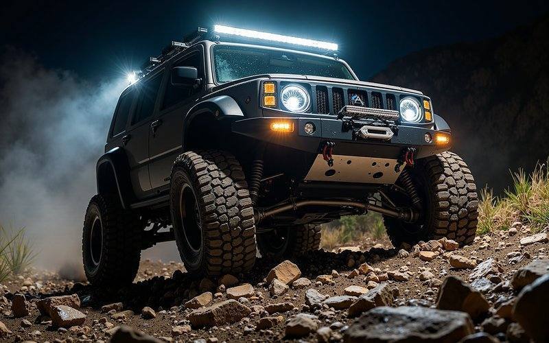 Off-road heavy truck with LED light bar driving at night in dust