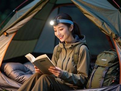 Woman reading in a tent at night with a headlamp on her forehead
